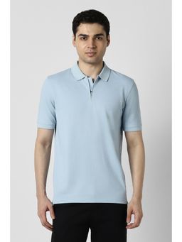 Peter England - Men Blue Cotton Blend Collar Neck Regular Fit Polo T-shirt