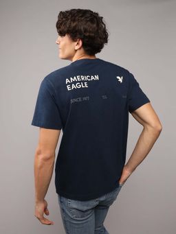 American Eagle - Men Navy Blue Cotton Round Neck Regular Fit T-shirt