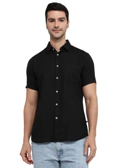 Parx - Men Black Cotton Linen Collar Neck Slim Fit Shirt