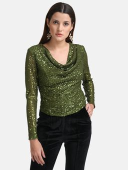 Kazo - x Janhvi Kapoor Olive Sequin Cowl Neck Top with Full Sleeve