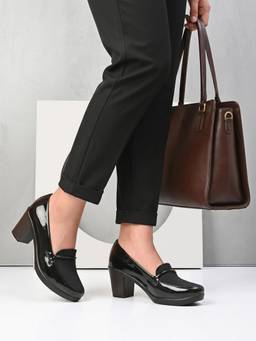 XE Looks - Women's Black Slip-On Block Heel Loafers with Metallic Bar Detail