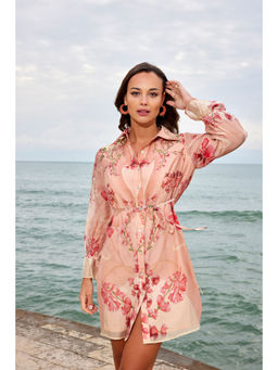 Madame - Floral Print Belted Peach Mini Shirt Dress