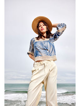 Madame - Navy Blue Botanical Print Cotton Blend Top