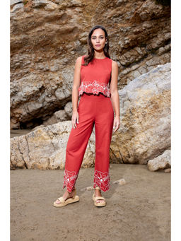 Madame - Women Rust Polyester Round Neck Co-Ord (Set of 2)
