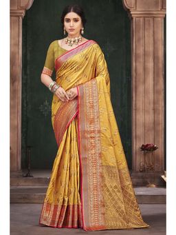 Sangam Prints - Yellow Silk Woven Zari Work Traditional Saree with Unstitched Blouse