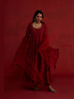 Rhua India - Maroon Mirka Anarkali with Pant and Dupatta