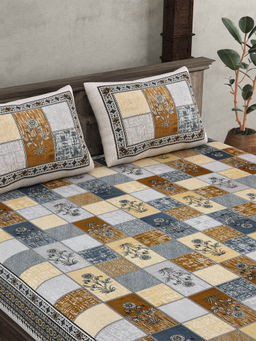 JAIPUR FABRIC - 240 Tc Decorated Grey Cotton Double King Bedsheet With 2 Pillow Covers