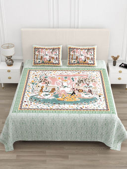 JAIPUR FABRIC - 180 Tc Cotton King Size Circus Printed Flat Bed Sheet With 2 Pillow Covers Green