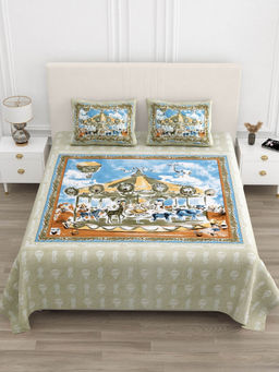 JAIPUR FABRIC - 180 Tc Cotton King Size Circus Printed Flat Bed Sheet With 2 Pillow Covers Green