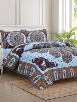 JAIPUR FABRIC - 280 Tc Cotton Jaipuri Printed For King Size Bedsheet With 2 Pillow Covers Blue