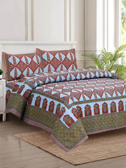 JAIPUR FABRIC - 280 Tc Cotton Block Printed For King Size Bedsheet With 2 Pillow Covers Red