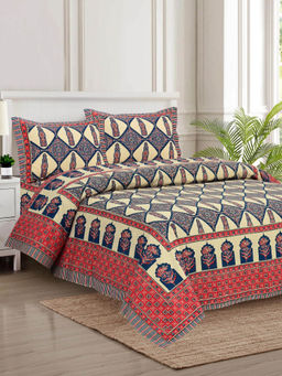 JAIPUR FABRIC - 280 Tc Cotton Block Printed For King Size Bedsheet With 2 Pillow Covers Blue