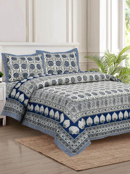 JAIPUR FABRIC - 280 Tc Cotton Floral Printed For King Size Bedsheet With 2 Pillow Covers Blue