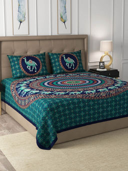JAIPUR FABRIC - 180 Tc Green 100% Cotton Jaipuri Print Double King Bedsheet With 2 Pillow Cover