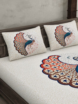 JAIPUR FABRIC - Twill Cotton King Bedsheet With 2 Pillow Cover Dancing Peacock Off White