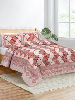 JAIPUR FABRIC - 180 Tc Geometry Peach Cotton Double King Bedsheet With 2 Pillow Covers