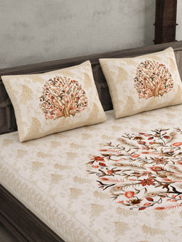 JAIPUR FABRIC - 180 Tc Dancing Peacock Jaipuri Print Double King Bedsheet With 2 Pillow Covers Beige