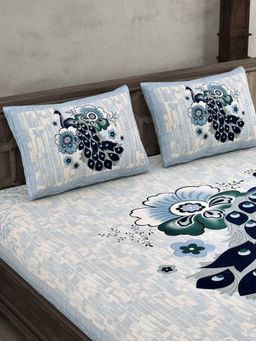JAIPUR FABRIC - 180 Tc Dancing Peacock Jaipuri Print Double King Bedsheet With 2 Pillow Covers Blue