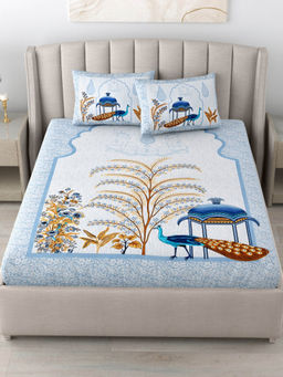 JAIPUR FABRIC - 180 Tc Cotton Printed King Bedsheet With Two Pillow Covers For Double Bed Blue