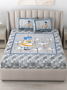 JAIPUR FABRIC - 180 Tc Cotton Printed King Bedsheet With Two Pillow Covers For Double Bed Blue