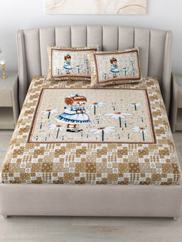 JAIPUR FABRIC - 180 Tc Cotton Printed King Bedsheet With Two Pillow Covers For Double Bed Brown
