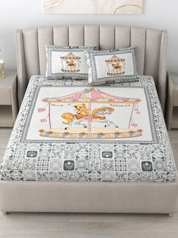 JAIPUR FABRIC - 180 Tc Cotton Printed King Bedsheet With Two Pillow Covers For Double Bed Grey