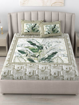JAIPUR FABRIC - 180 Tc Cotton Printed King Bedsheet With Two Pillow Covers For Double Bed Green