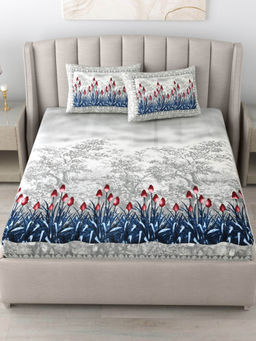 JAIPUR FABRIC - 180 Tc Cotton Printed King Bedsheet With Two Pillow Covers For Double Bed Blue