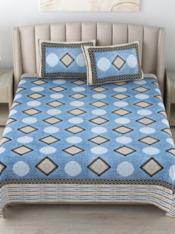 JAIPUR FABRIC - 180 Tc Cotton Printed King Bedsheet With Two Pillow Covers For Double Bed Blue