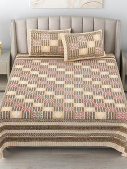 JAIPUR FABRIC - 180 Tc Cotton Printed King Bedsheet With Two Pillow Covers For Double Bed Brown