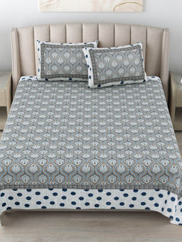 JAIPUR FABRIC - 180 Tc Cotton Printed King Bedsheet With Two Pillow Covers For Double Bed Multi-Color