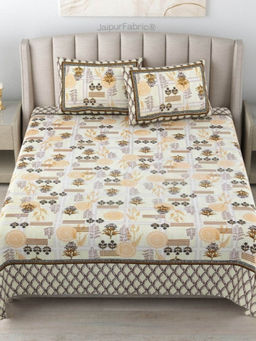 JAIPUR FABRIC - 180 Tc Cotton Printed King Bedsheet With Two Pillow Covers For Double Bed Yellow