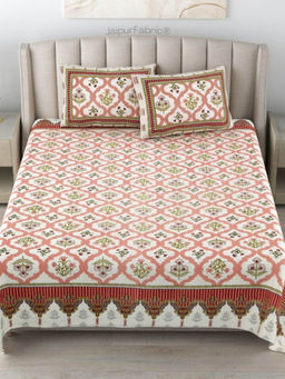 JAIPUR FABRIC - 180 Tc Cotton Printed King Bedsheet With Two Pillow Covers For Double Bed Peach