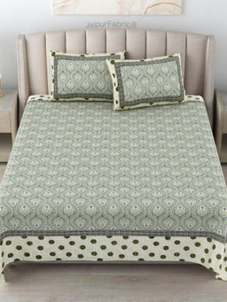 JAIPUR FABRIC - 180 Tc Cotton Printed King Bedsheet With Two Pillow Covers For Double Bed Green