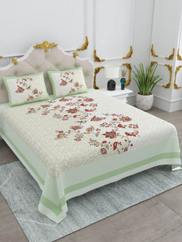 JAIPUR FABRIC - Cotton Floral Printed King Size Bed Sheet With 2 Pillow Cover For Bedroom Decor Olive
