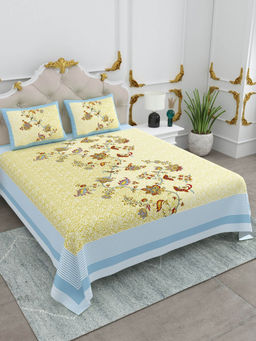 JAIPUR FABRIC - Cotton Floral Printed King Size Bed Sheet With 2 Pillow Cover For Bedroom Decor Blue