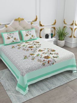 JAIPUR FABRIC - Cotton Floral Printed King Size Bed Sheet With 2 Pillow Cover For Bedroom Decor Green