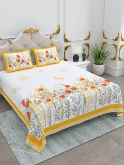 JAIPUR FABRIC - Cotton Floral Printed King Size Bed Sheet With 2 Pillow Cover For Bedroom Decor Yellow