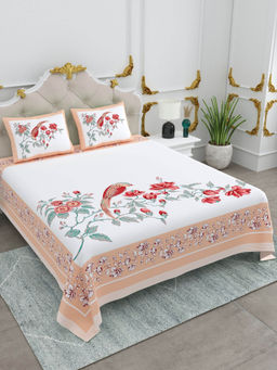 JAIPUR FABRIC - Cotton Floral Printed King Size Bed Sheet With 2 Pillow Cover For Bedroom Decor Peach