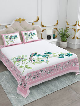 JAIPUR FABRIC - Cotton Floral Printed King Size Bed Sheet With 2 Pillow Cover For Bedroom Decor Pink