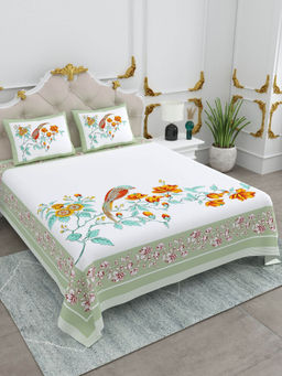 JAIPUR FABRIC - Cotton Floral Printed King Size Bed Sheet With 2 Pillow Cover For Bedroom Decor Green