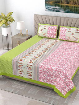 JAIPUR FABRIC - Pinkish Green Traditional Floral Pure Cotton King Size Double Bedsheet