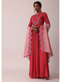 KALKI FASHION - Red Embroidered Anarkali Kurta with Tissue Dupatta (Set of 2)