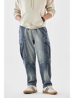 Snitch - Mens Blue Washed Relaxed Casual Cargo Jeans
