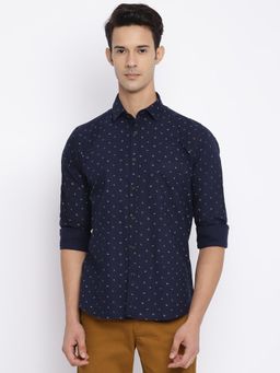 Cantabil - Spread Collar Printed Casual Navy Blue Shirt