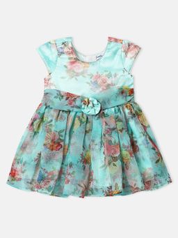 Nautinati - Girls Organza Satin Floral Print Knee Length Party Dress