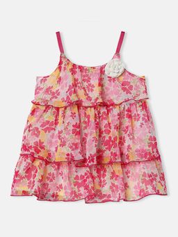 Nautinati - Girls Sleeveless Floral Printed Knee Length Georgette Dress