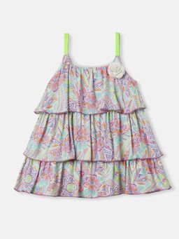 Nautinati - Girls Floral Printed Knee Length Sleeveless Dress