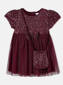 Nautinati - Girls Sequin Mesh Knee Length Party Frock with Sling Bag (Set of 2)