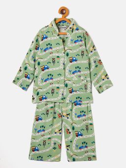Stylo Bug - Boys Traffic Buzz Printed Ankle Length Night Suit Green (Set of 2)